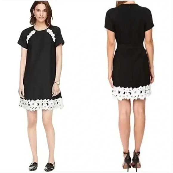 Kate Spade Dress Floral Lace Trim Crepe Short Sleeve Mini Black White Size 4 - Picture 3 of 11